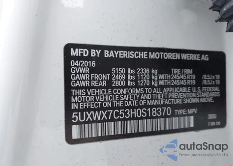 2017 BMW X3 xDrive35I z USA, uszkodzony, nr VIN 5UXWX7C53H0S18370